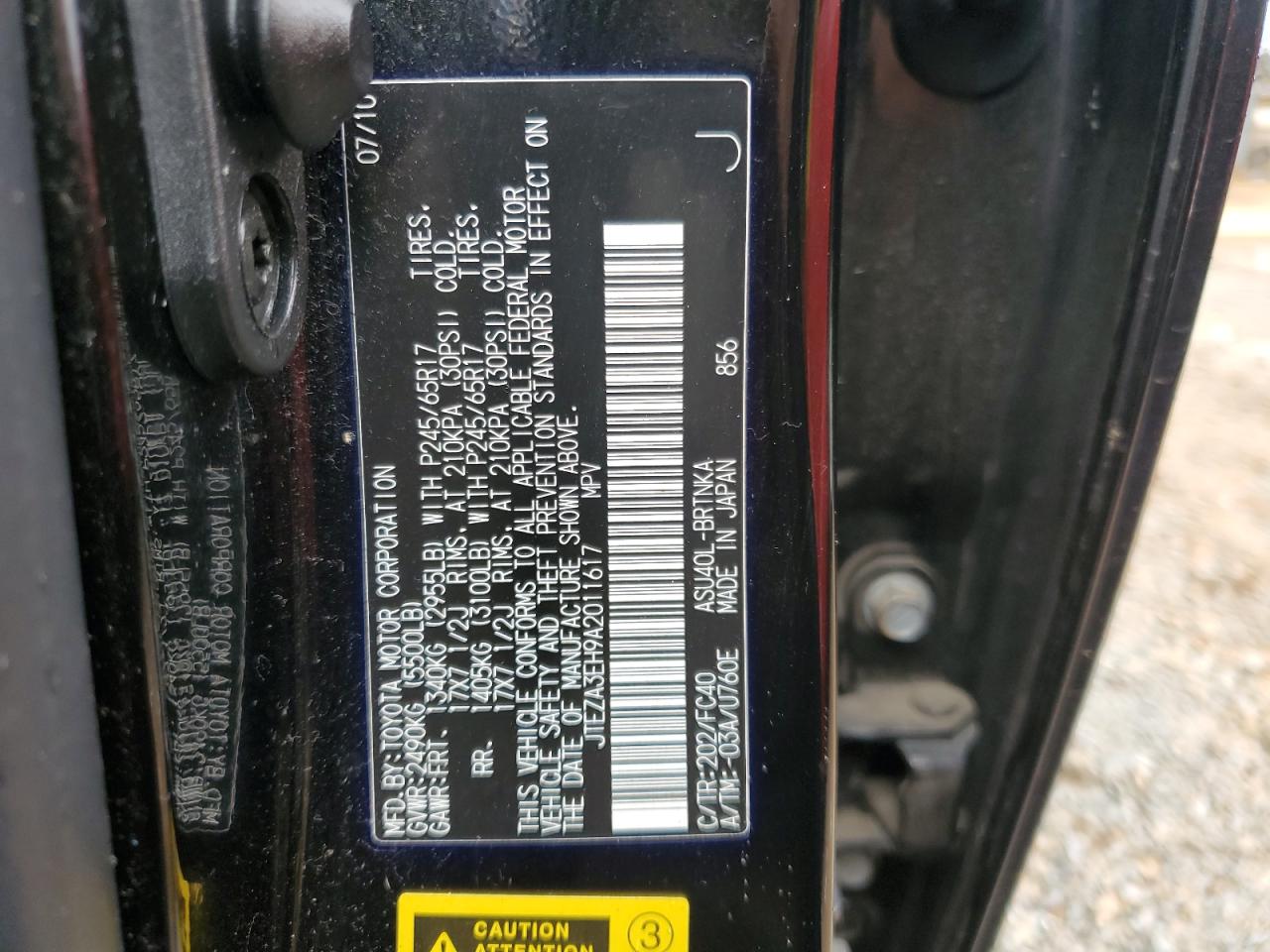 2010 Toyota Highlander VIN: JTEZA3EH9A2011617 Lot: 64595084