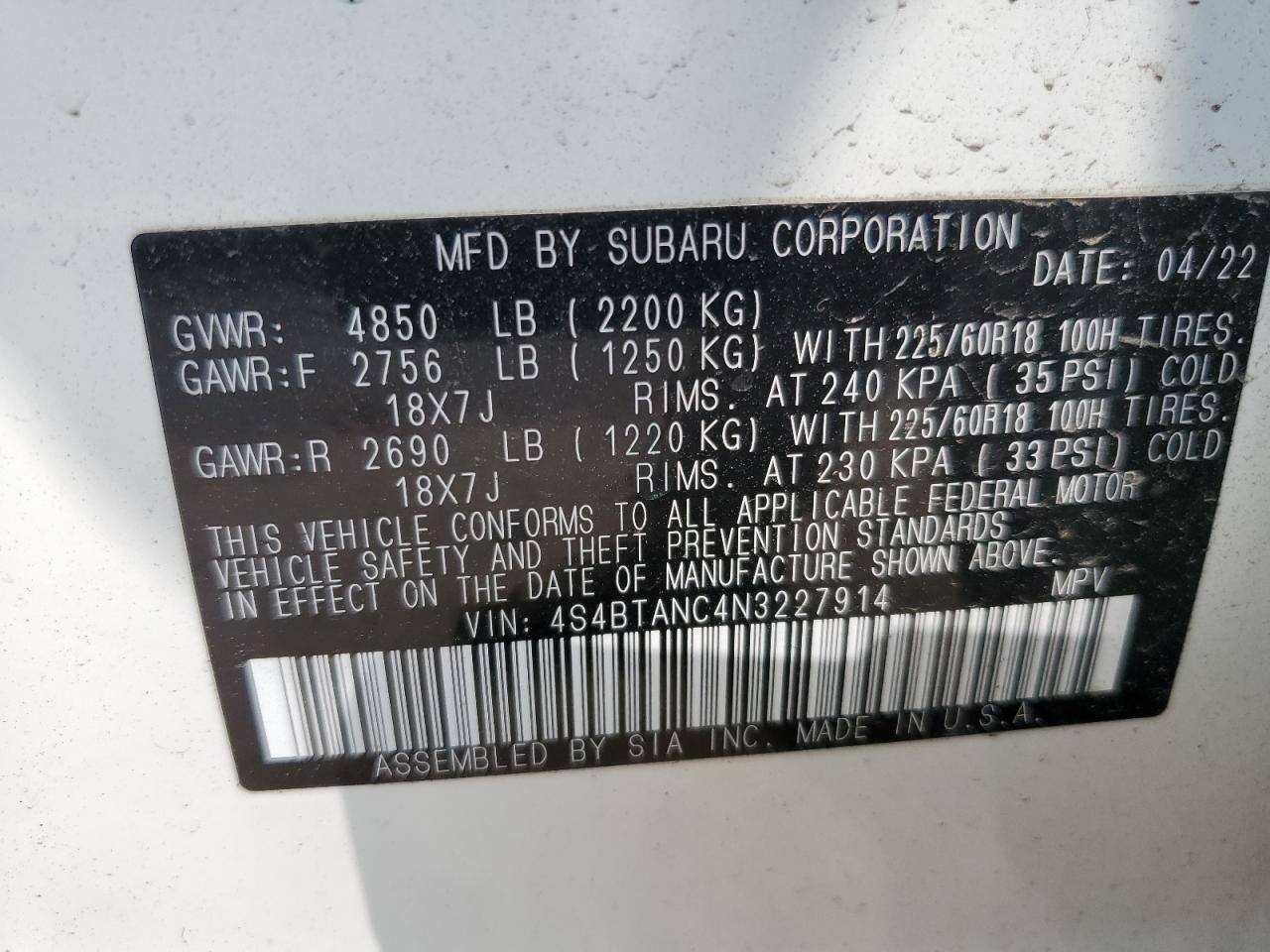 4S4BTANC4N3227914 2022 Subaru Outback Limited