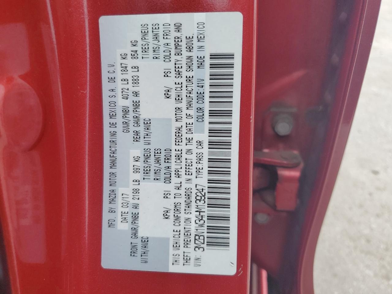 2017 Mazda 3 Grand Touring VIN: 3MZBN1W34HM139247 Lot: 63919784