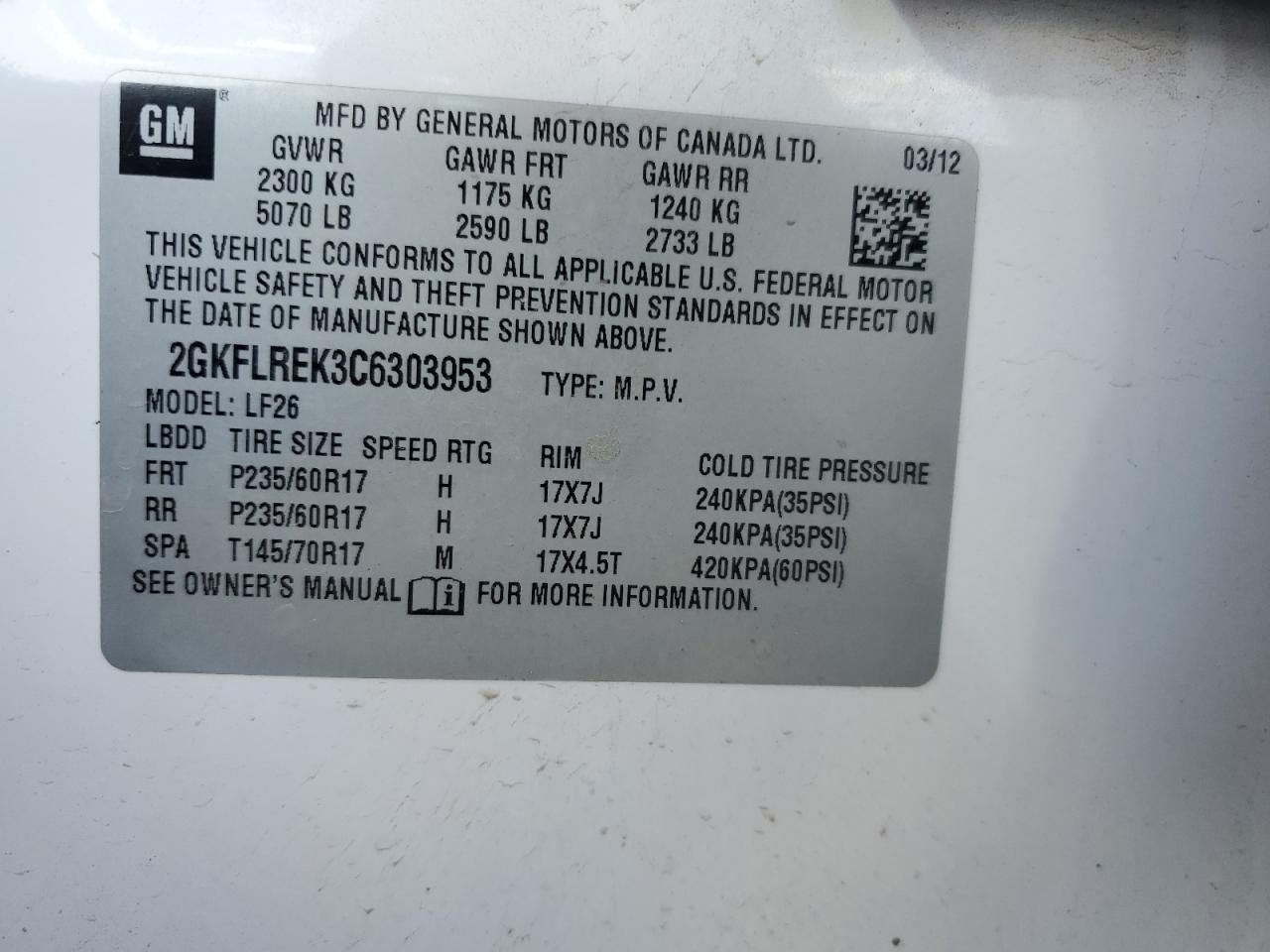 2012 GMC Terrain Sle VIN: 2GKFLREK3C6303953 Lot: 61740124