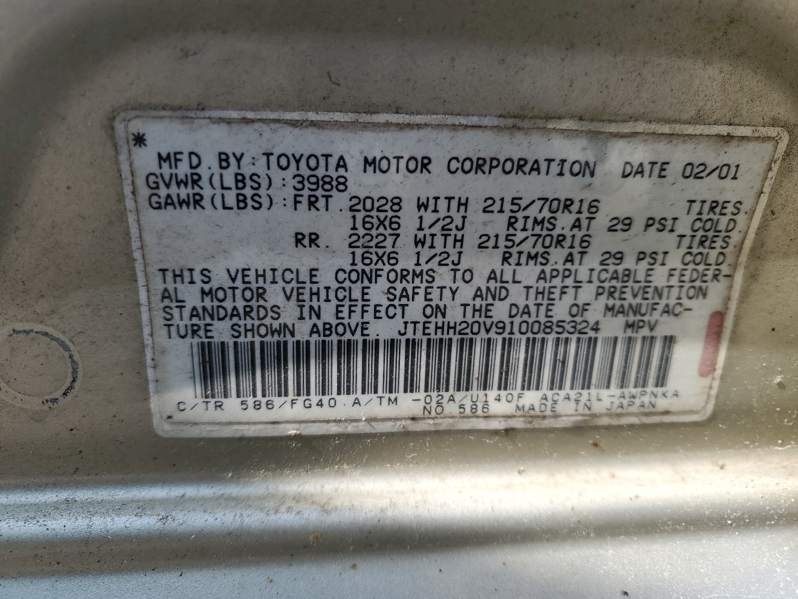 JTEHH20V910085324 2001 Toyota Rav4
