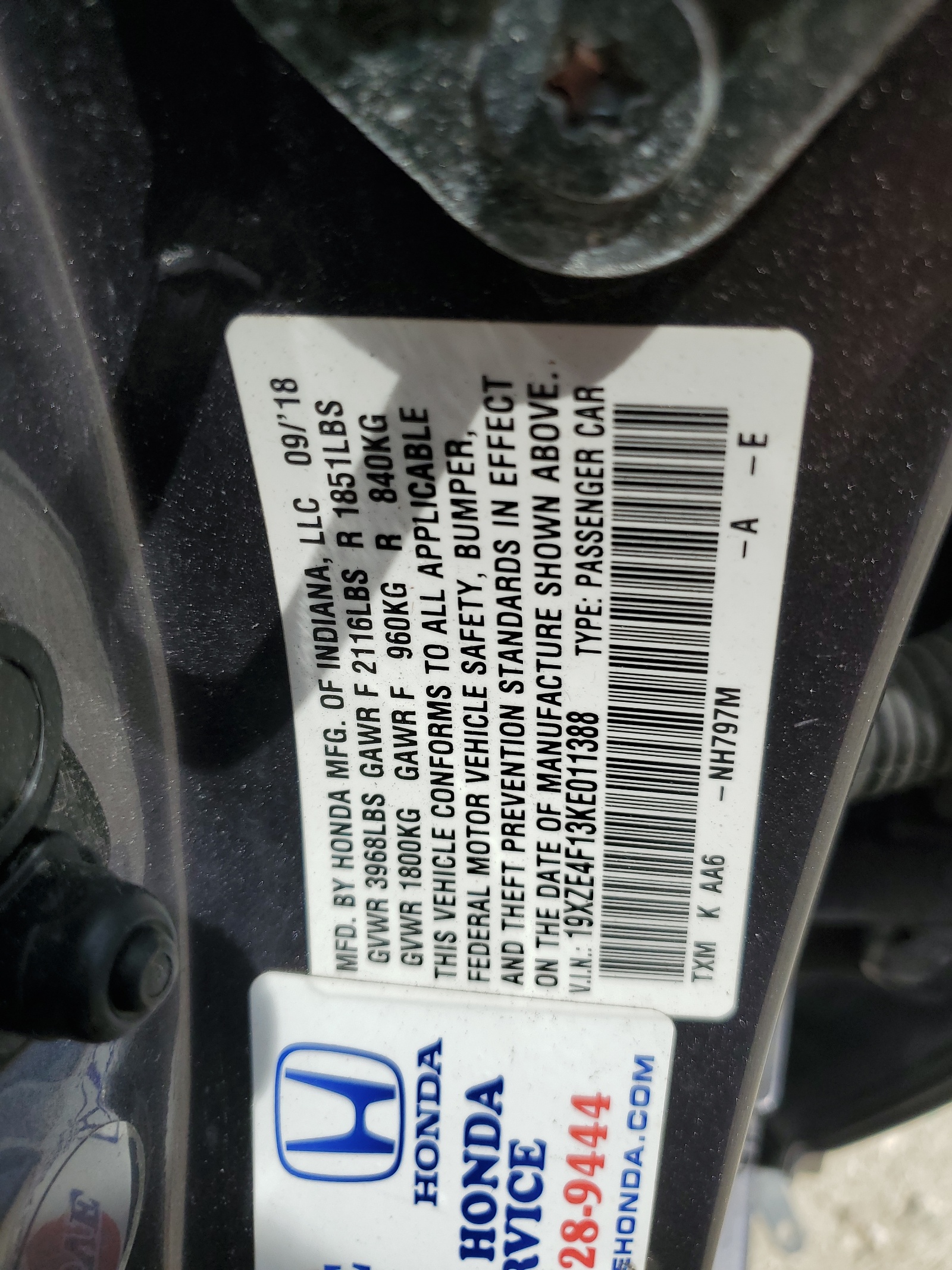 19XZE4F13KE011388 2019 Honda Insight Lx