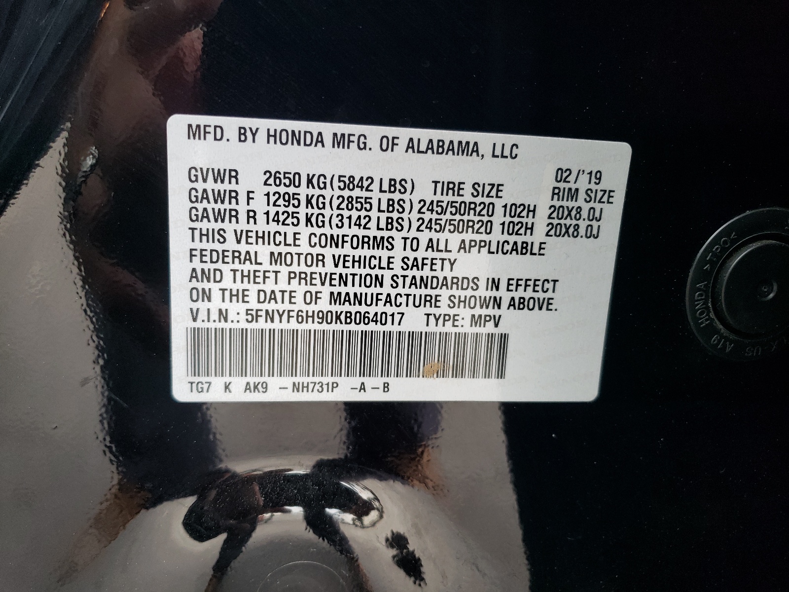 5FNYF6H90KB064017 2019 Honda Pilot Touring