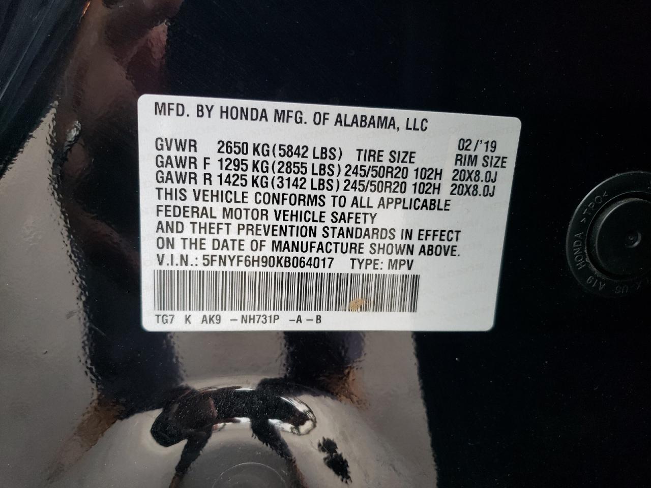 2019 Honda Pilot Touring VIN: 5FNYF6H90KB064017 Lot: 61935784