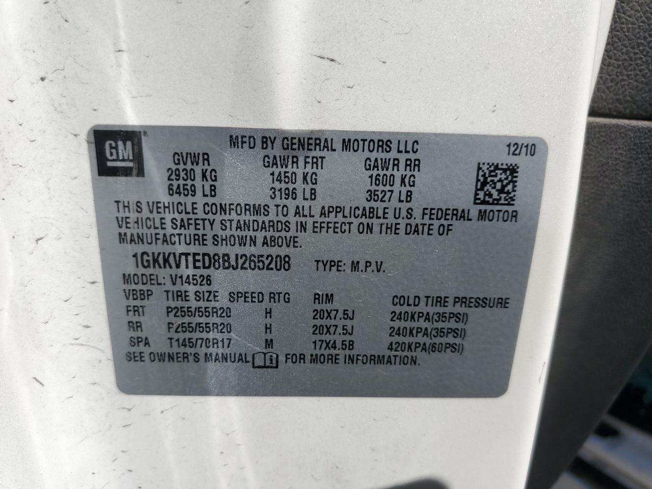 2011 GMC Acadia Denali VIN: 1GKKVTED8BJ265208 Lot: 62076104