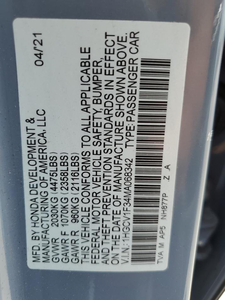 2021 Honda Accord Sport VIN: 1HGCV1F34MA068342 Lot: 64929634