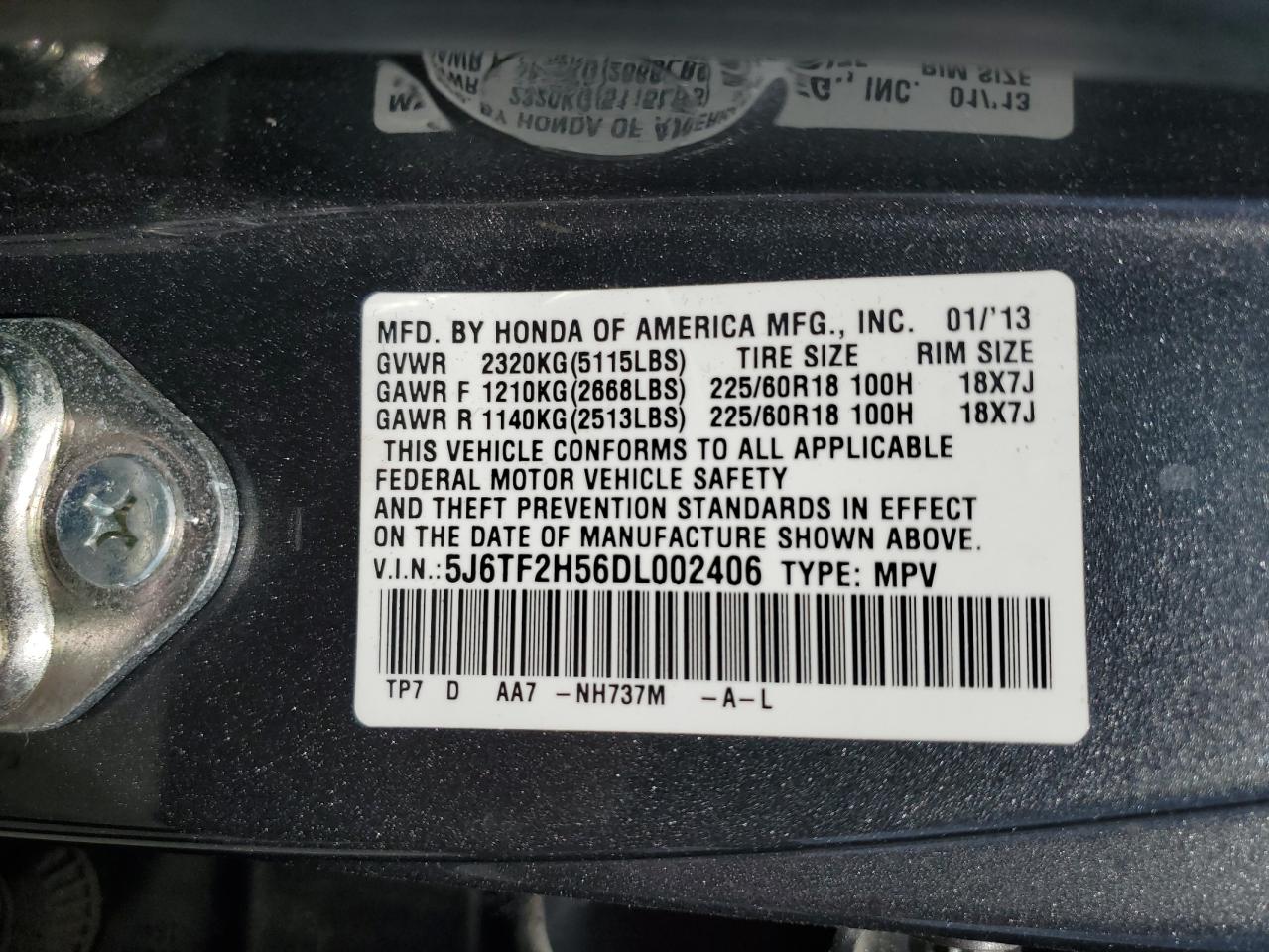 2013 Honda Crosstour Exl VIN: 5J6TF2H56DL002406 Lot: 59975784