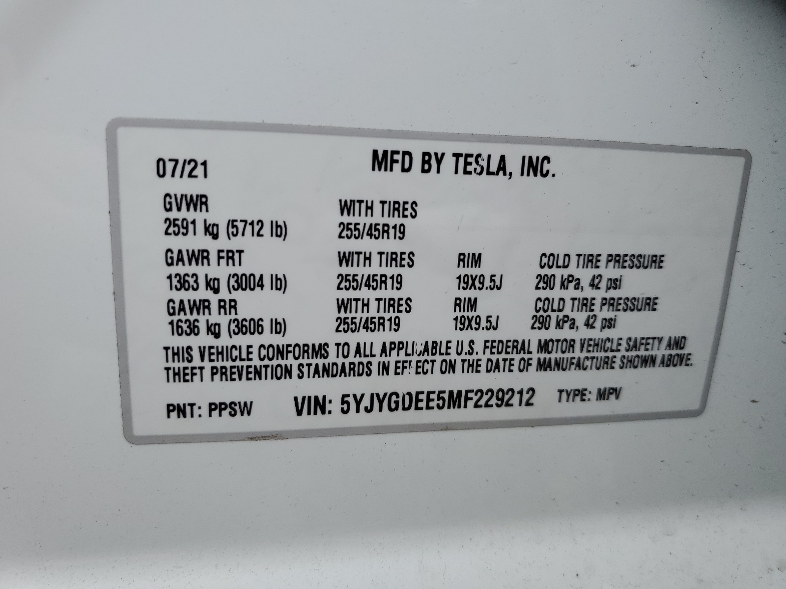 5YJYGDEE5MF229212 2021 Tesla Model Y