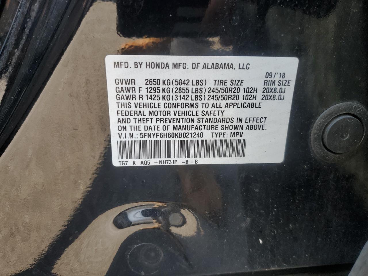 2019 Honda Pilot Touring VIN: 5FNYF6H60KB021240 Lot: 63029944