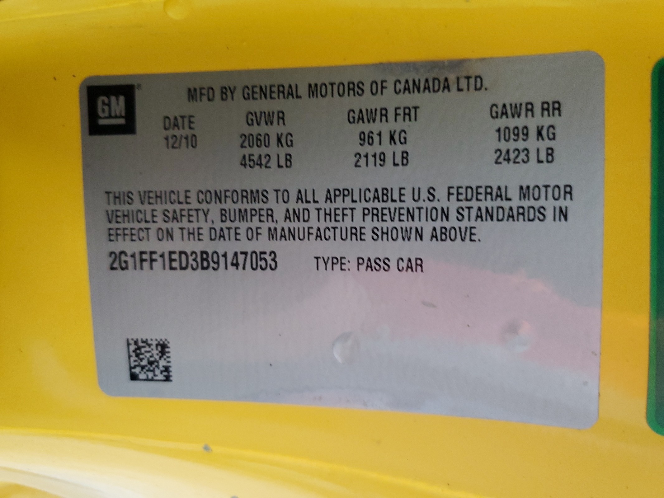 2G1FF1ED3B9147053 2011 Chevrolet Camaro Lt