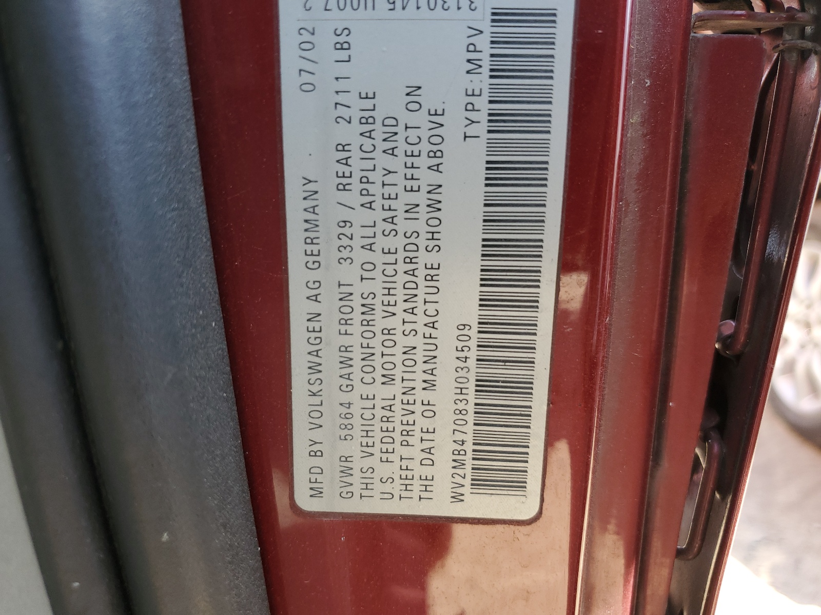 WV2MB47083H034509 2003 Volkswagen Eurovan Mv