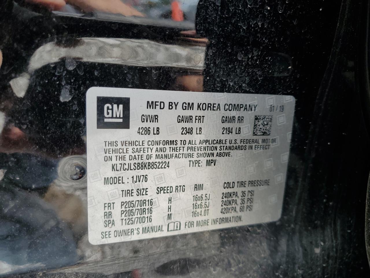 2019 Chevrolet Trax 1Lt VIN: KL7CJLSB8KB852224 Lot: 64863574