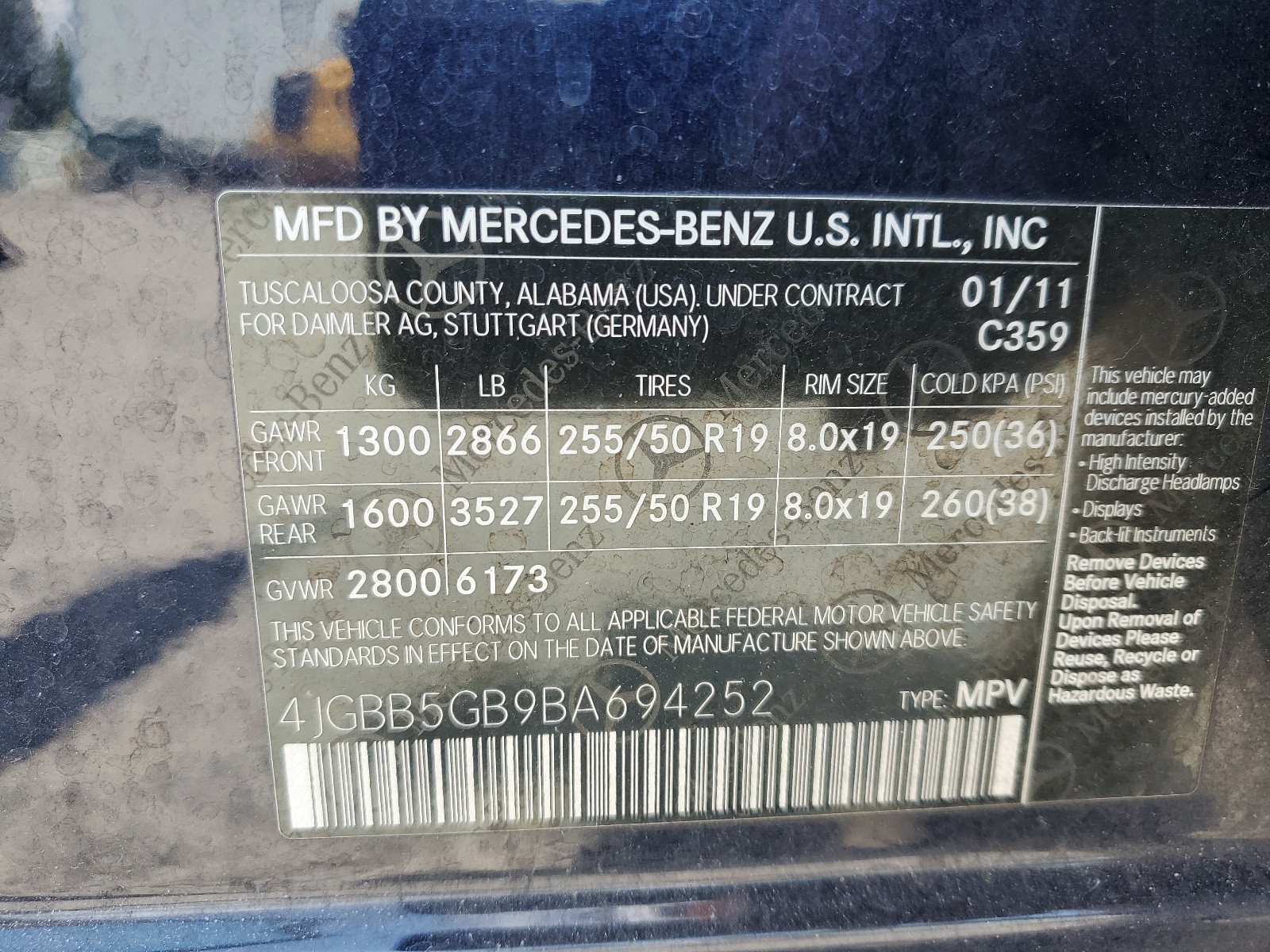 4JGBB5GB9BA694252 2011 Mercedes-Benz Ml 350