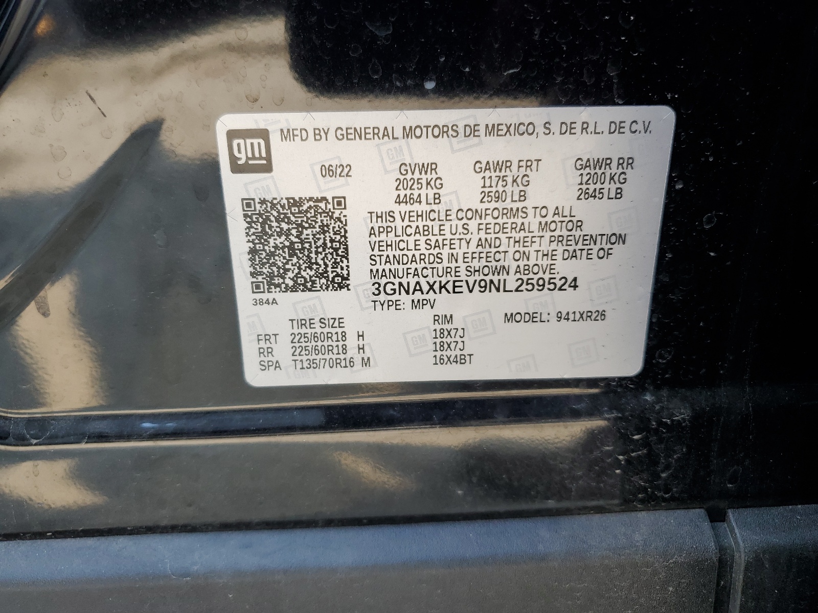 3GNAXKEV9NL259524 2022 Chevrolet Equinox Lt