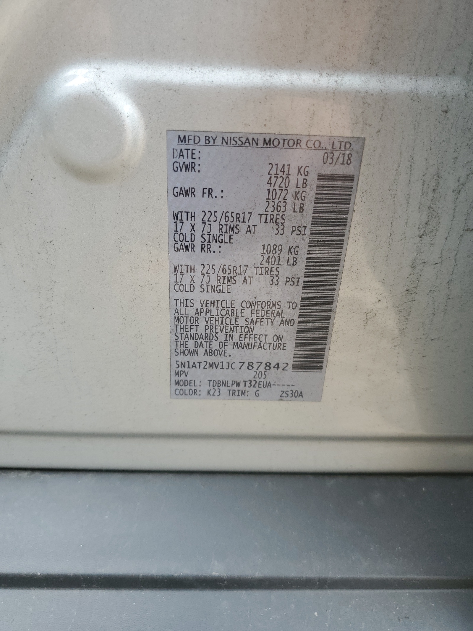 5N1AT2MV1JC787842 2018 Nissan Rogue S