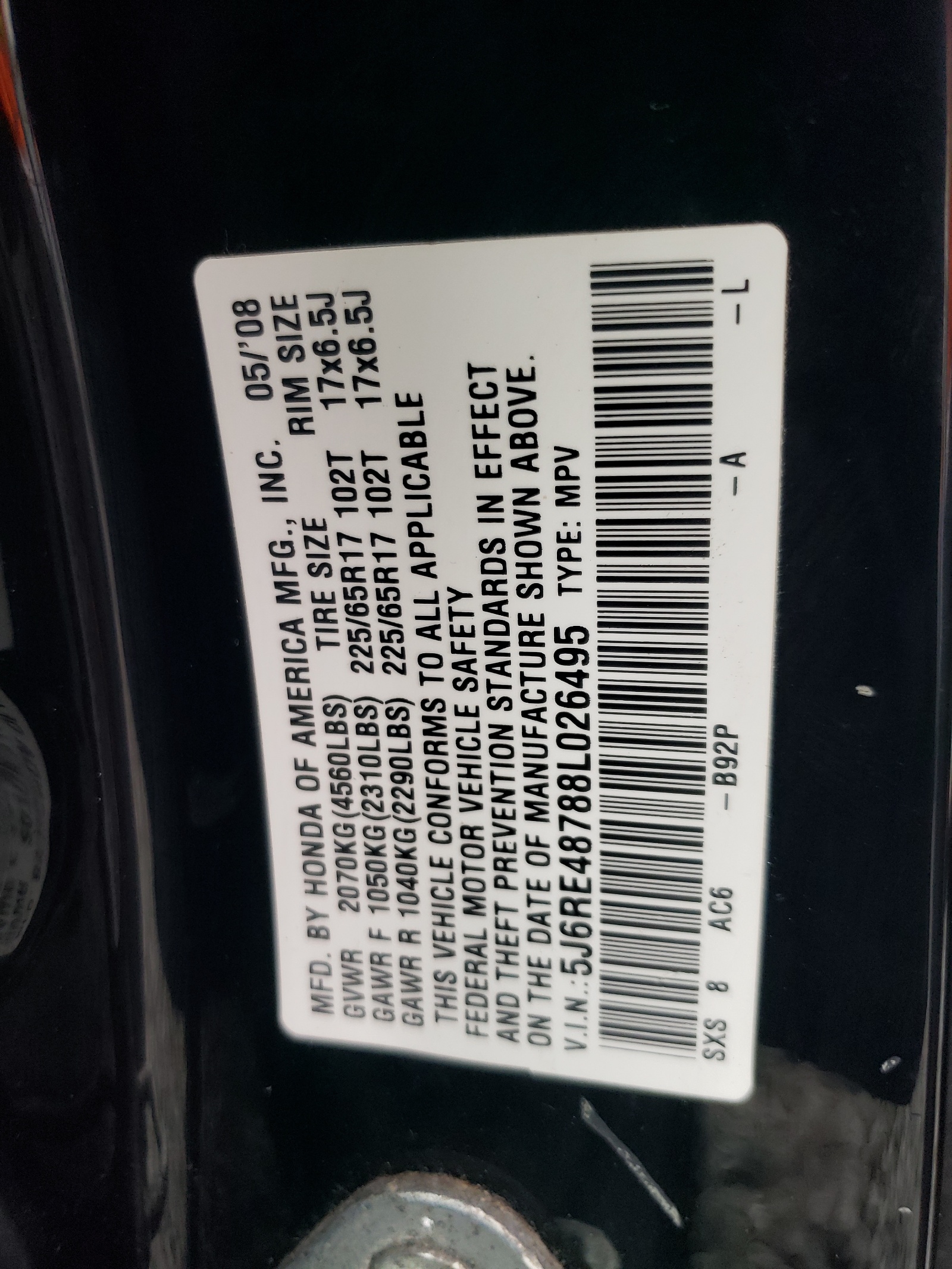 5J6RE48788L026495 2008 Honda Cr-V Exl