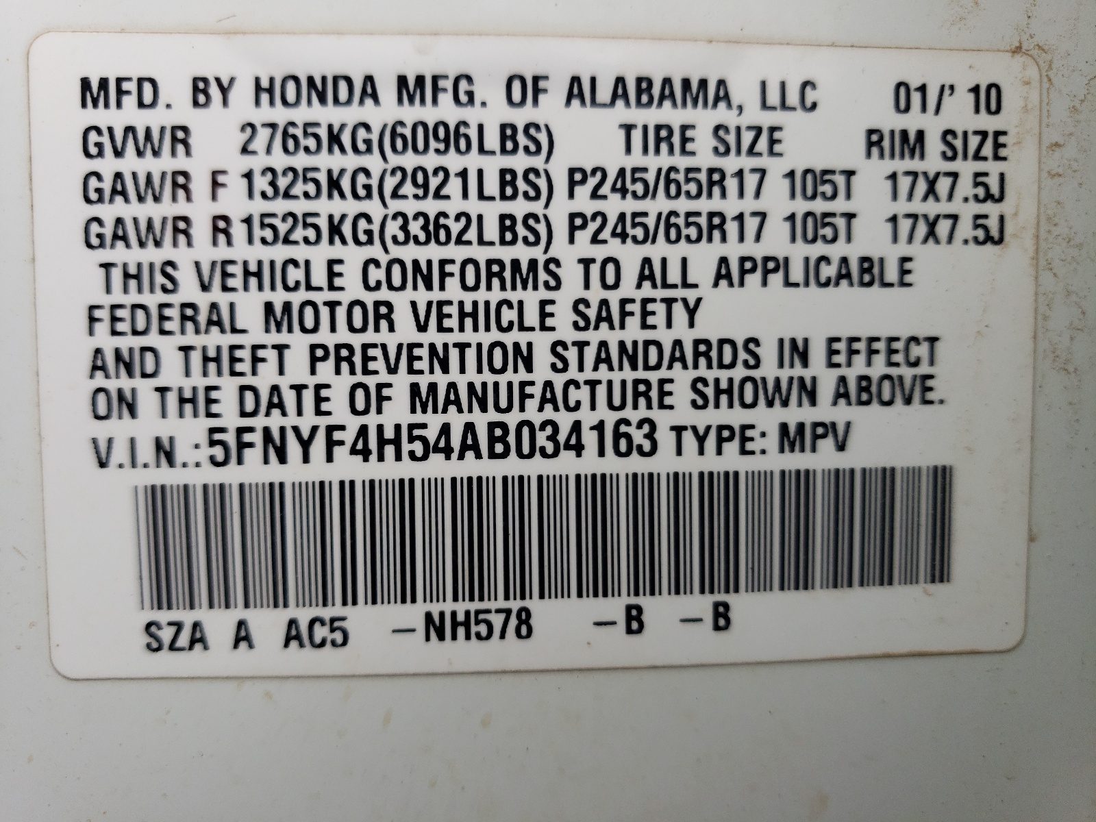 5FNYF4H54AB034163 2010 Honda Pilot Exl