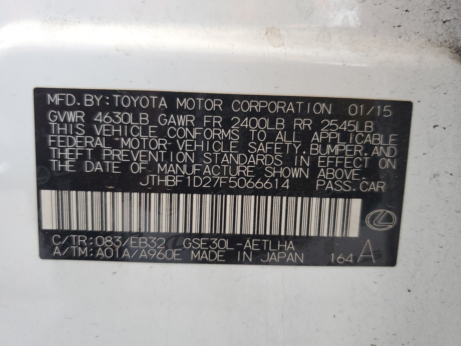 JTHBF1D27F5066614 2015 Lexus Is 250