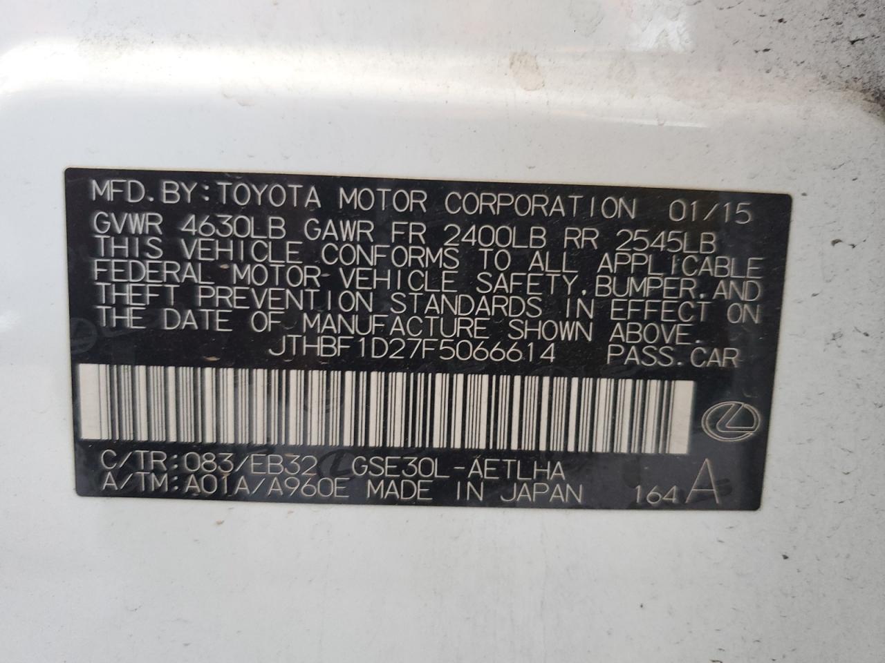 2015 Lexus Is 250 VIN: JTHBF1D27F5066614 Lot: 64847514