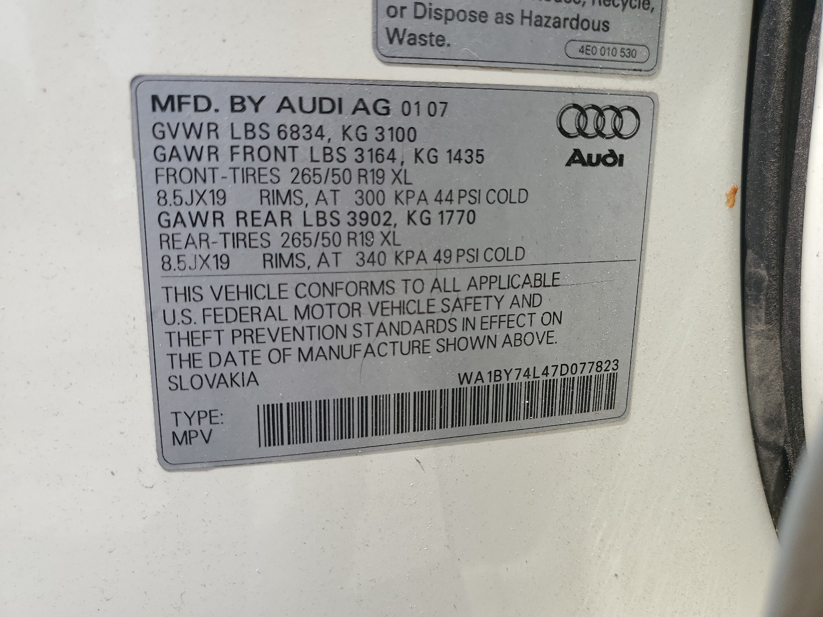 WA1BY74L47D077823 2007 Audi Q7 3.6 Quattro Premium