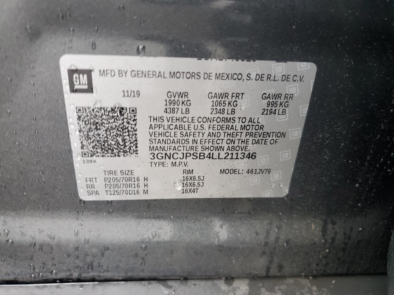 2020 Chevrolet Trax 1Lt VIN: 3GNCJPSB4LL211346 Lot: 63995814