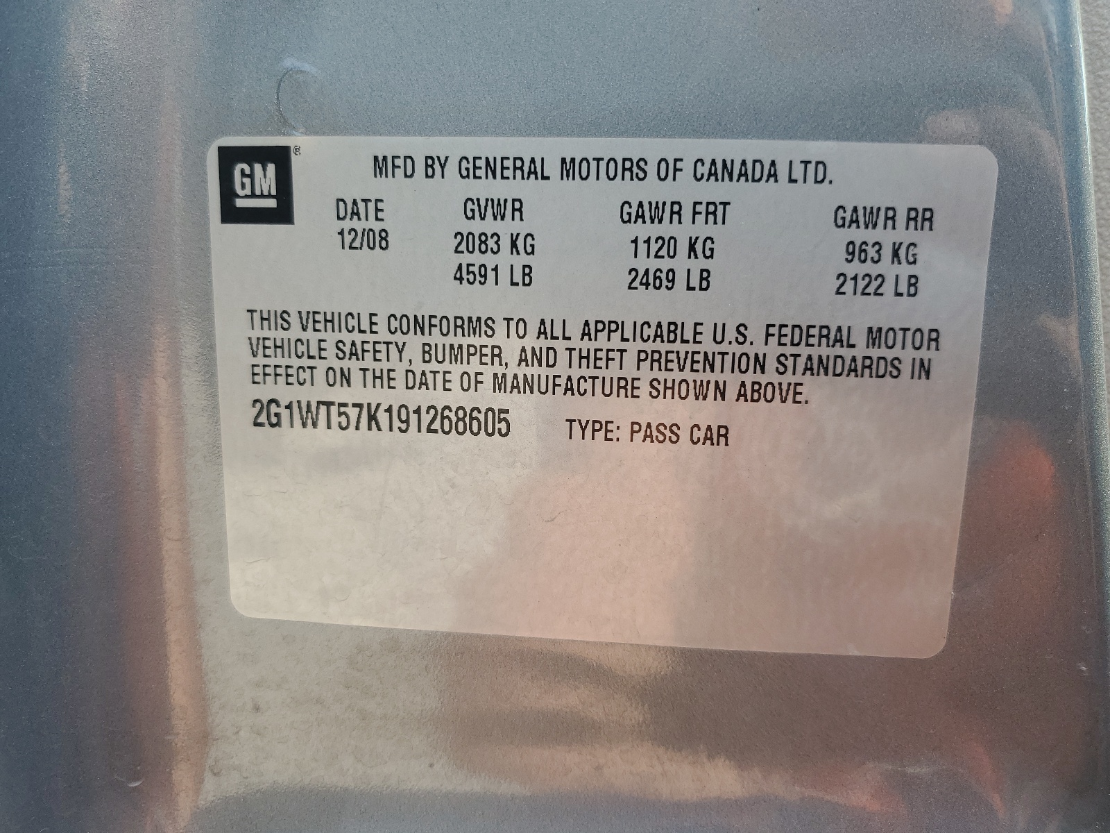 2G1WT57K191268605 2009 Chevrolet Impala 1Lt