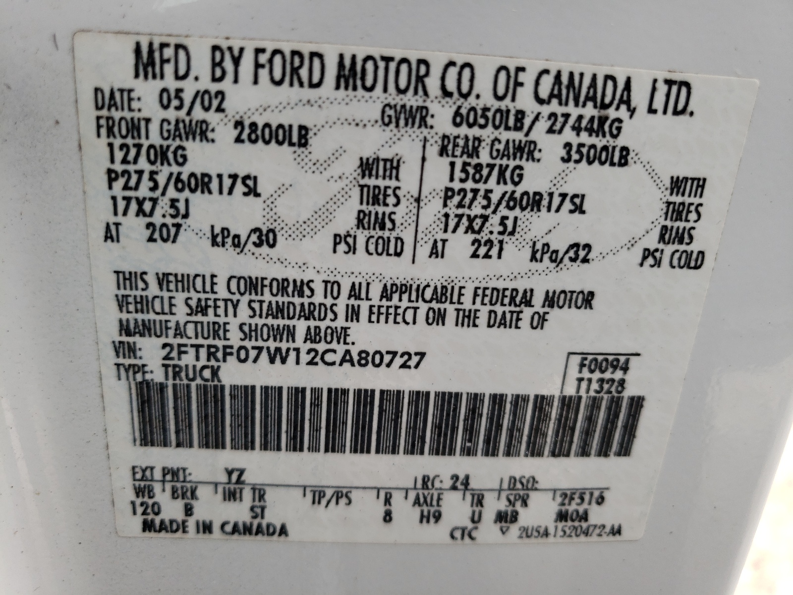 2FTRF07W12CA80727 2002 Ford F150