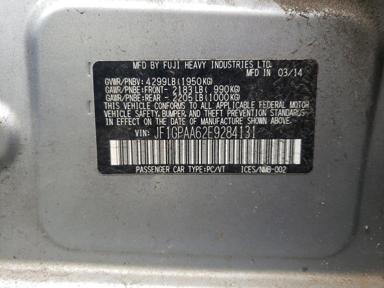 2014 Subaru Impreza VIN: JF1GPAA62E9284131 Lot: 61751654