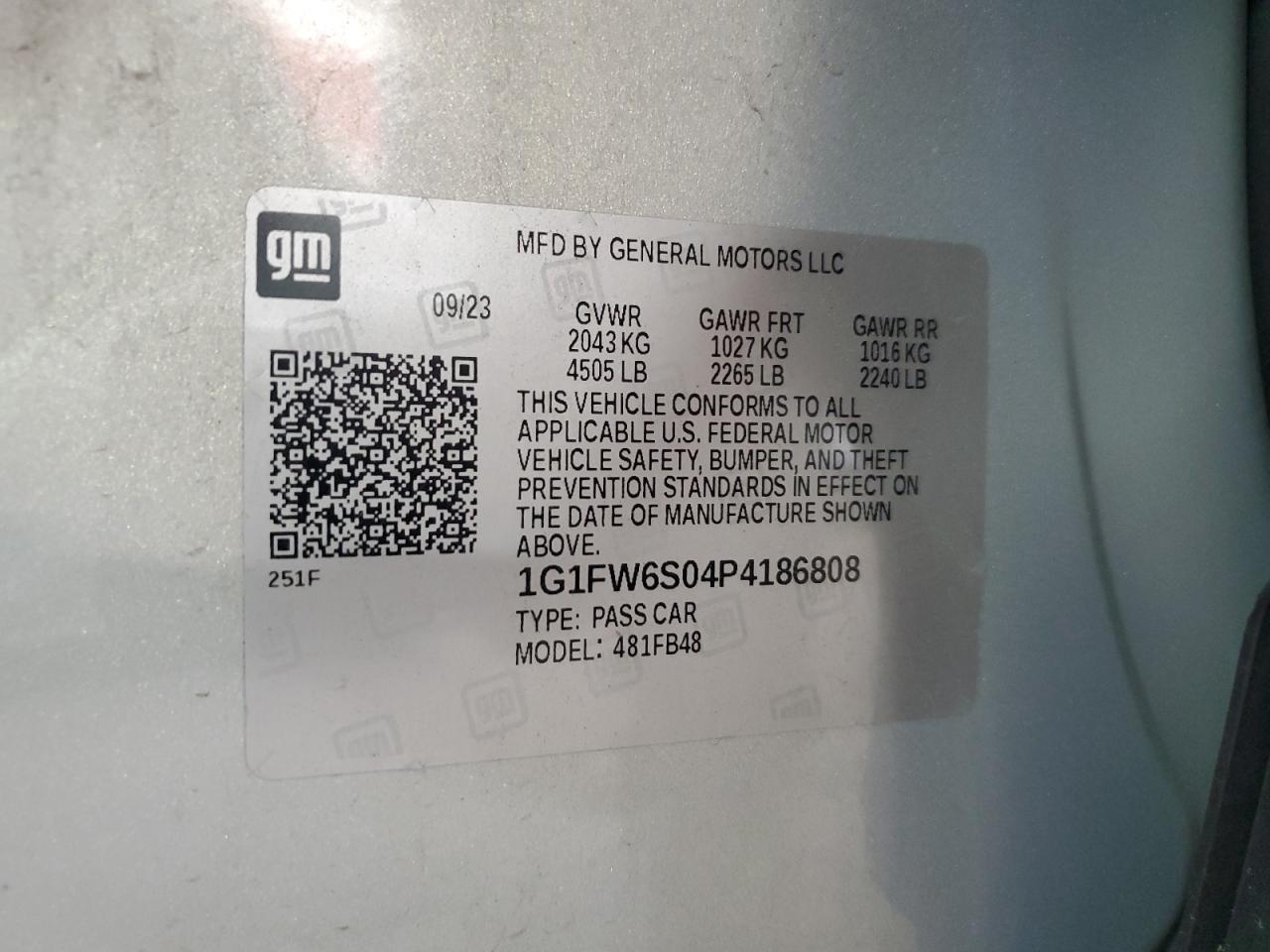 2023 Chevrolet Bolt Ev 1Lt VIN: 1G1FW6S04P4186808 Lot: 63912474