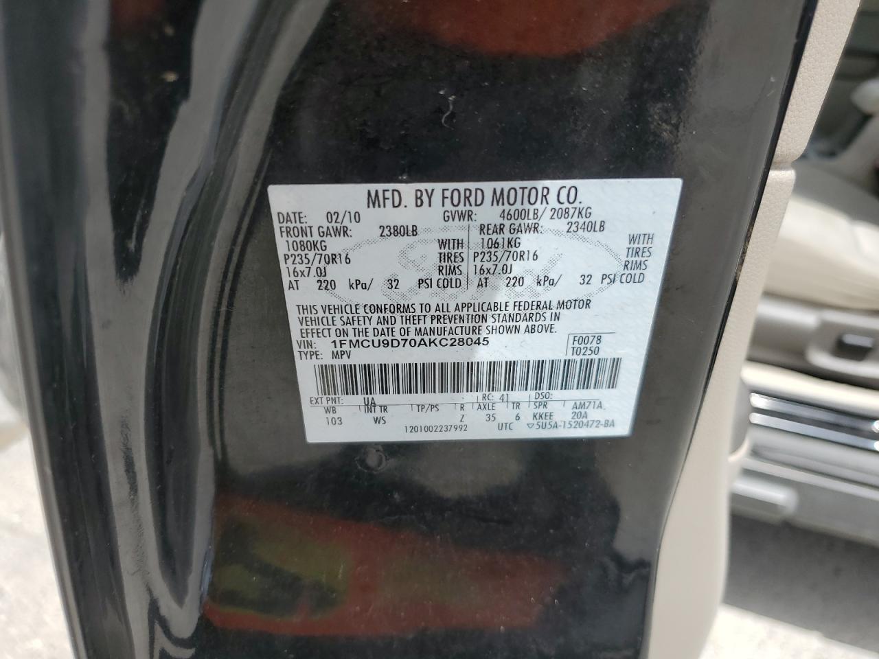 2010 Ford Escape Xlt VIN: 1FMCU9D70AKC28045 Lot: 64721884