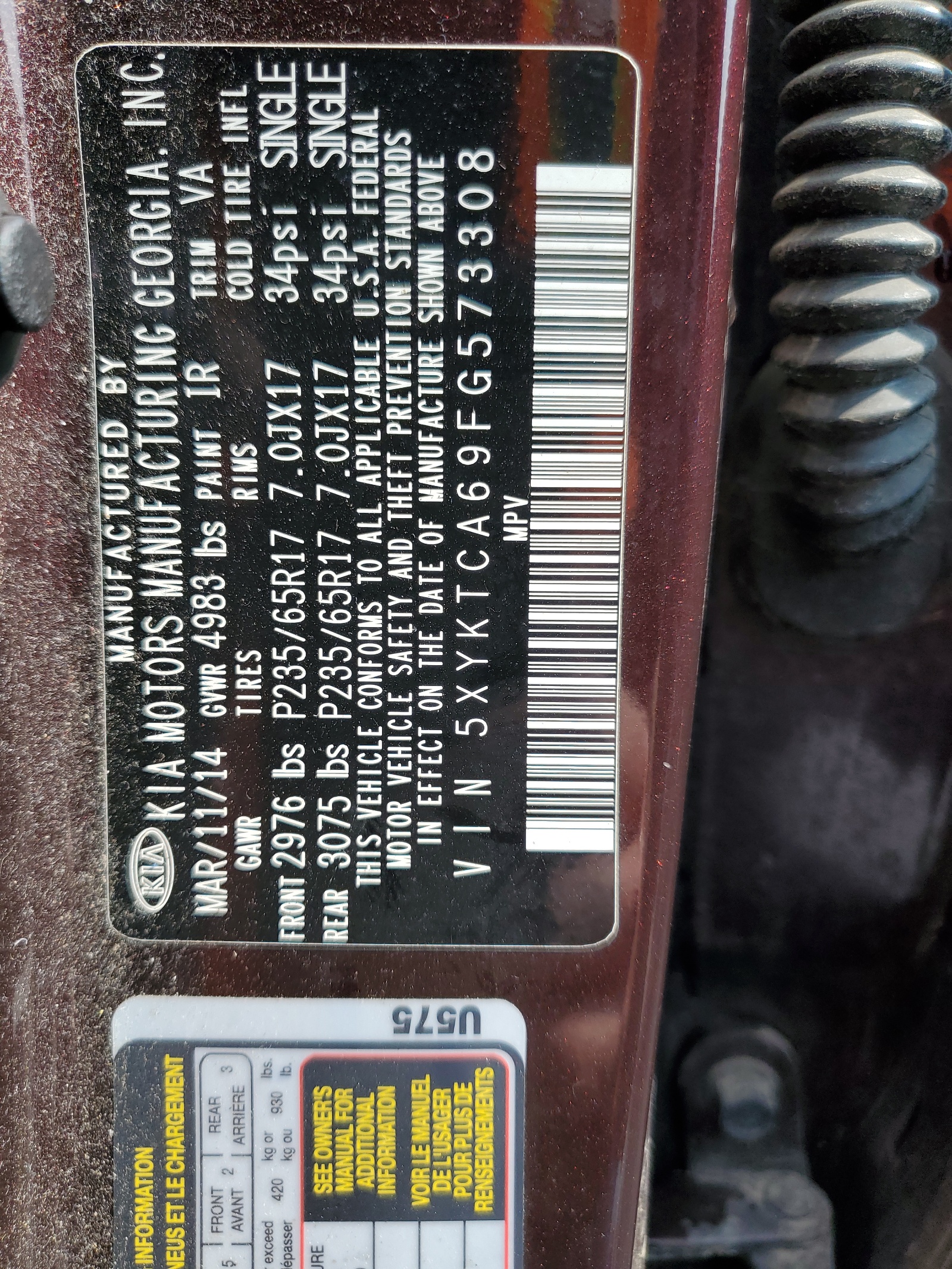 5XYKTCA69FG573308 2015 Kia Sorento Lx