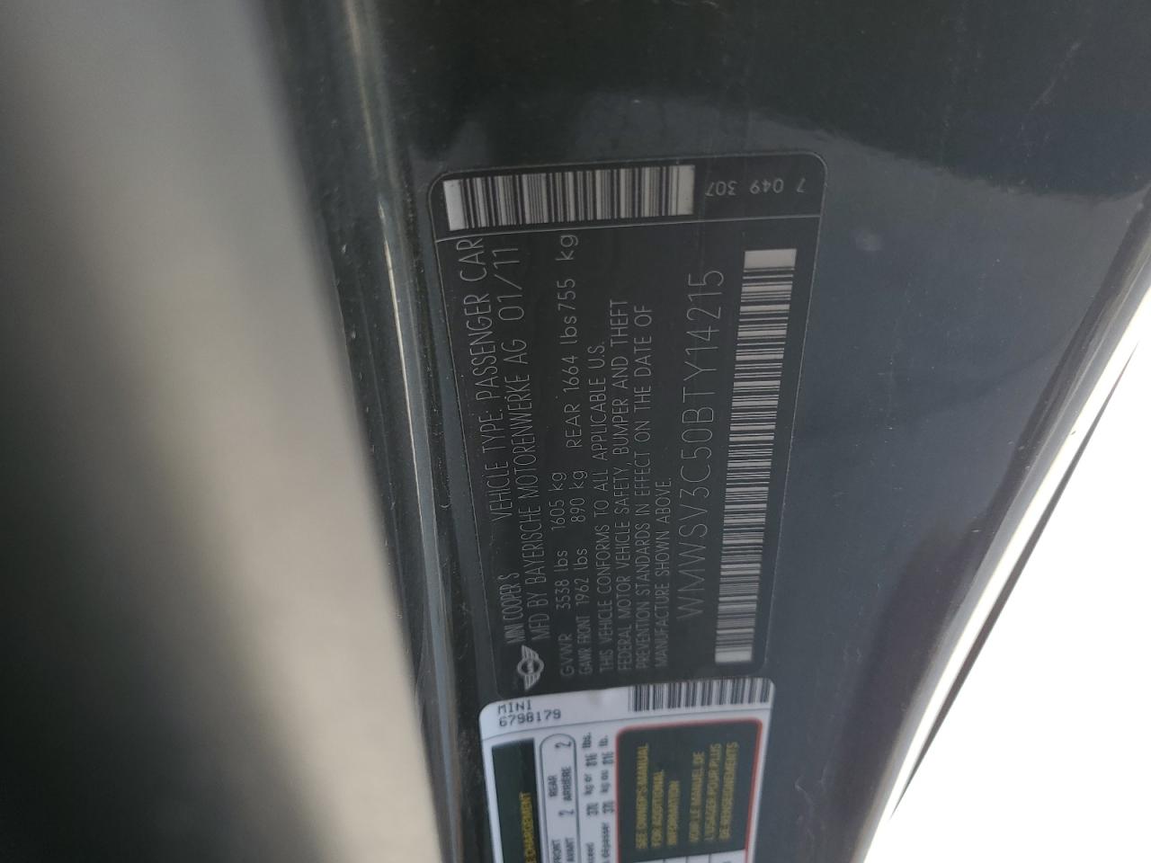 2011 Mini Cooper S VIN: WMWSV3C50BTY14215 Lot: 65026884