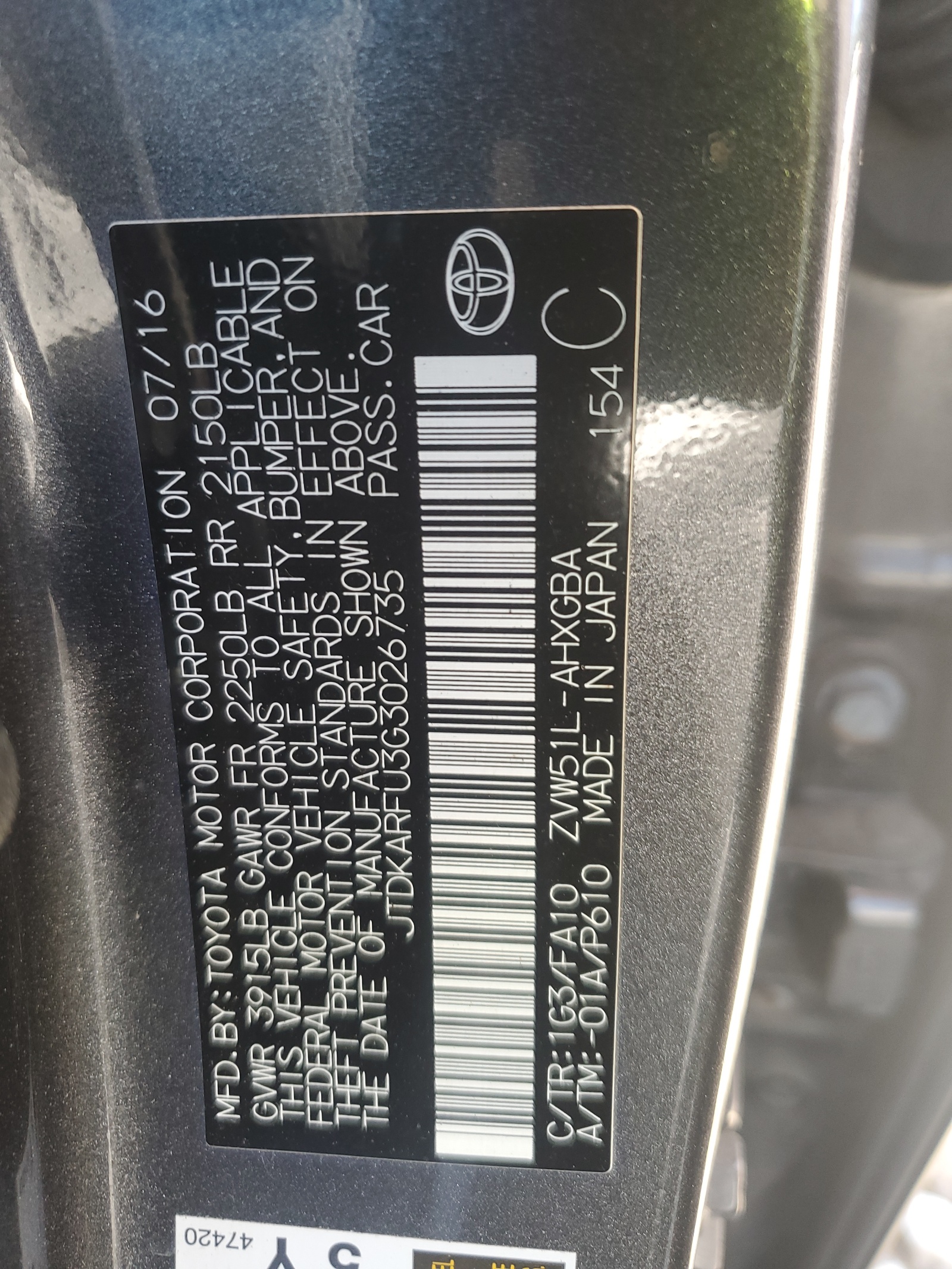 JTDKARFU3G3026735 2016 Toyota Prius