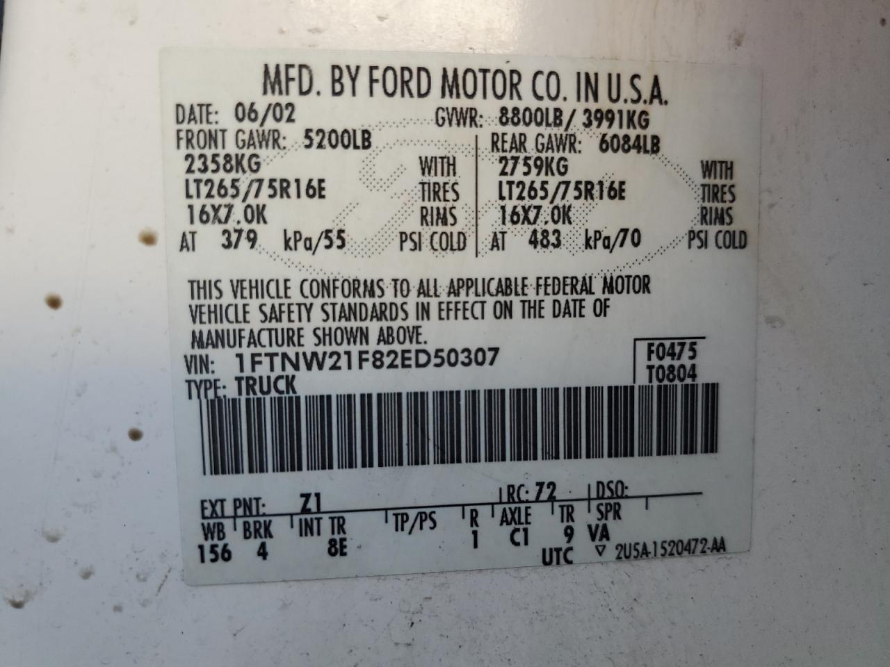 1FTNW21F82ED50307 2002 Ford F250 Super Duty