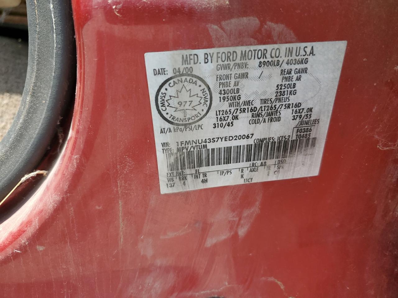 2000 Ford Excursion Limited VIN: 1FMNU43S7YED20067 Lot: 64256704