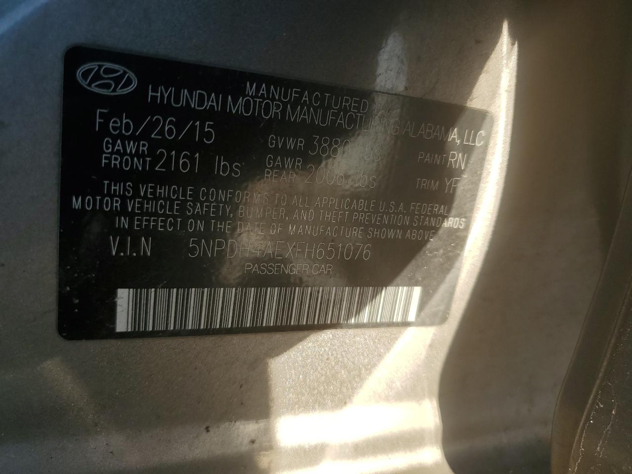 2015 Hyundai Elantra Se VIN: 5NPDH4AEXFH651076 Lot: 62319204