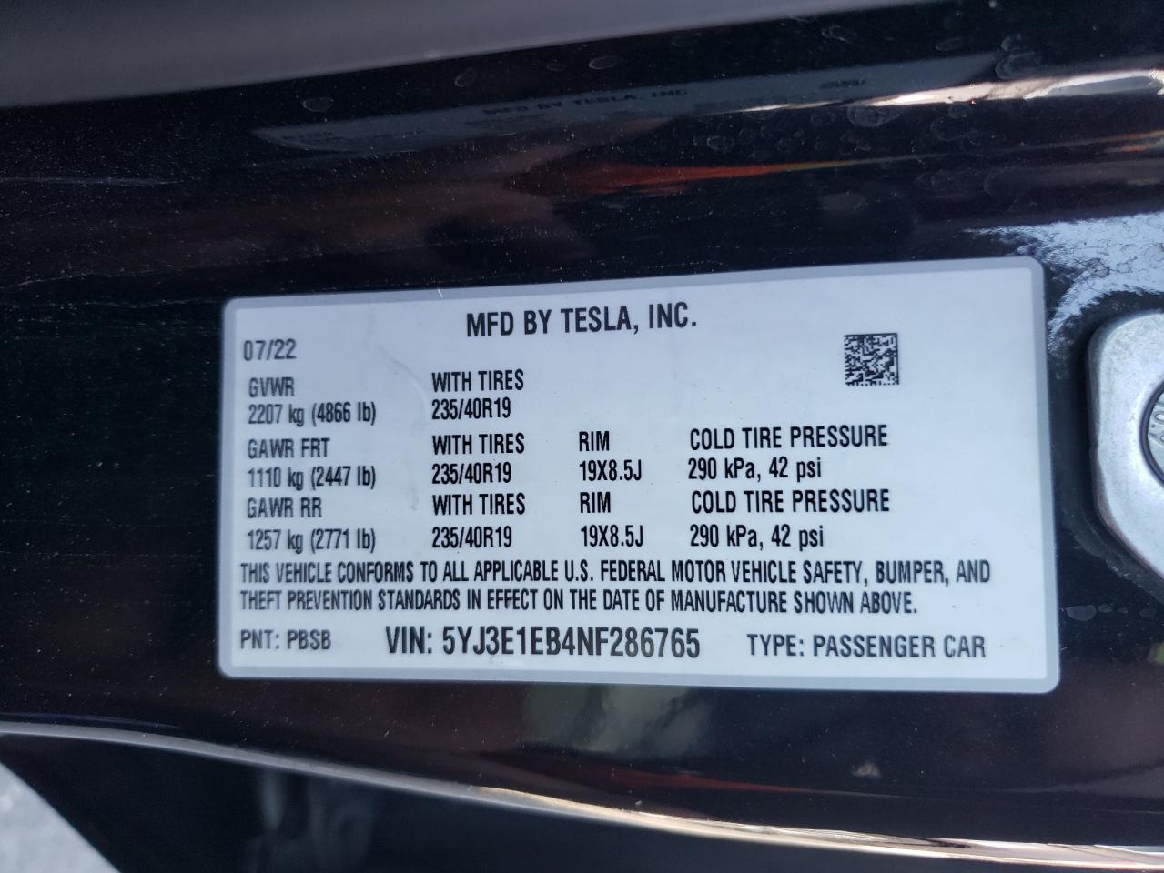 2022 Tesla Model 3 VIN: 5YJ3E1EB4NF286765 Lot: 64618344