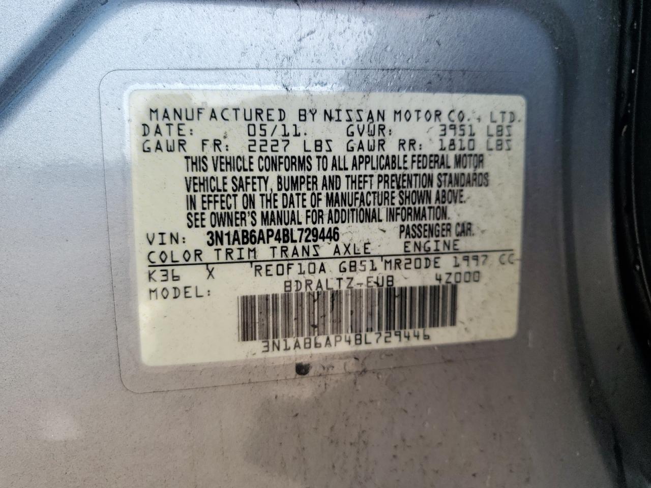 2011 Nissan Sentra 2.0 VIN: 3N1AB6AP4BL729446 Lot: 65211874