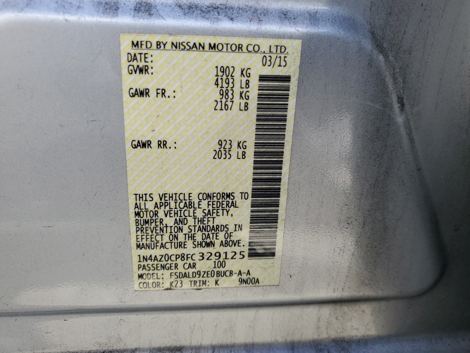 1N4AZ0CP8FC329125 2015 Nissan Leaf S