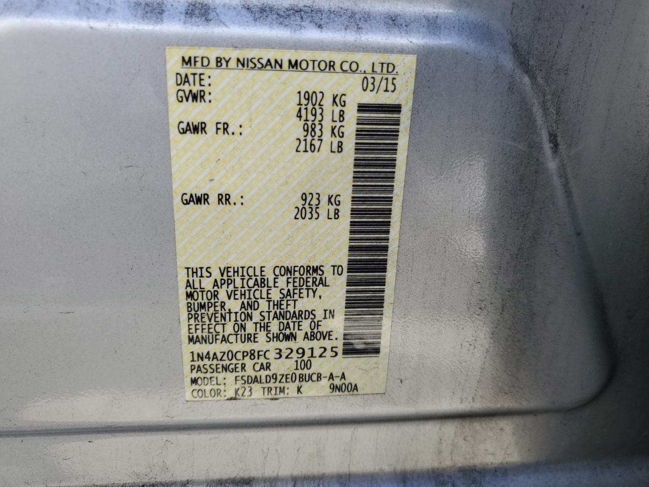 2015 Nissan Leaf S VIN: 1N4AZ0CP8FC329125 Lot: 62080234