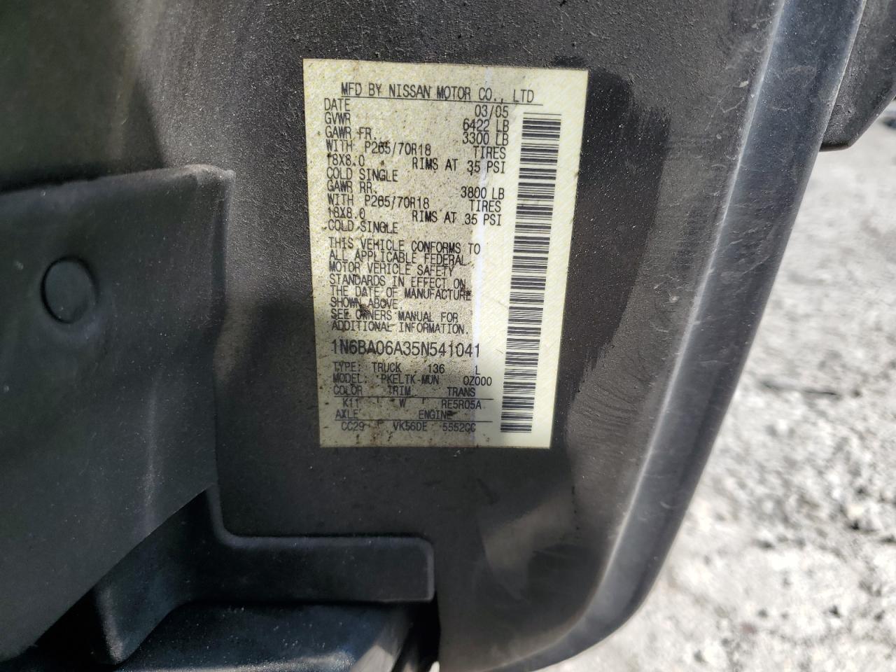 2005 Nissan Titan Xe VIN: 1N6BA06A35N541041 Lot: 61603254