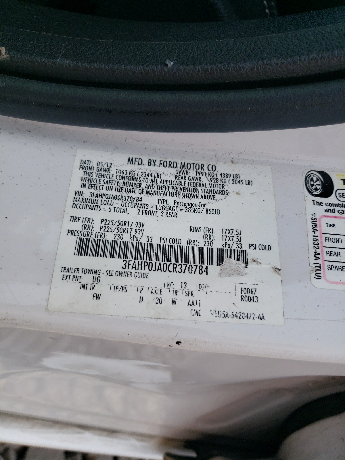 3FAHP0JA0CR370784 2012 Ford Fusion Sel