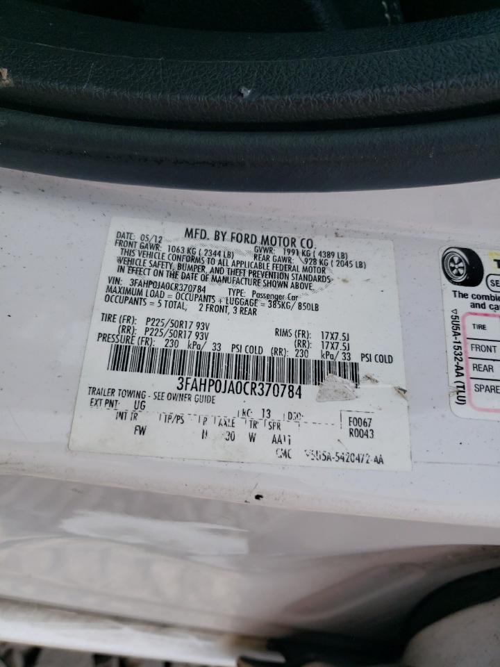 2012 Ford Fusion Sel VIN: 3FAHP0JA0CR370784 Lot: 63596224