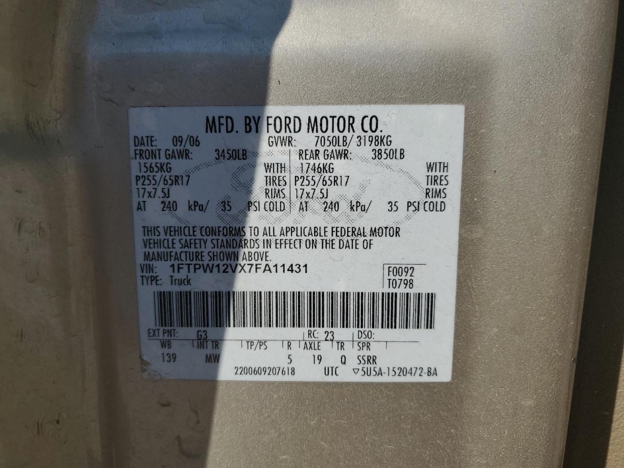 2007 Ford F150 Supercrew VIN: 1FTPW12VX7FA11431 Lot: 62805754