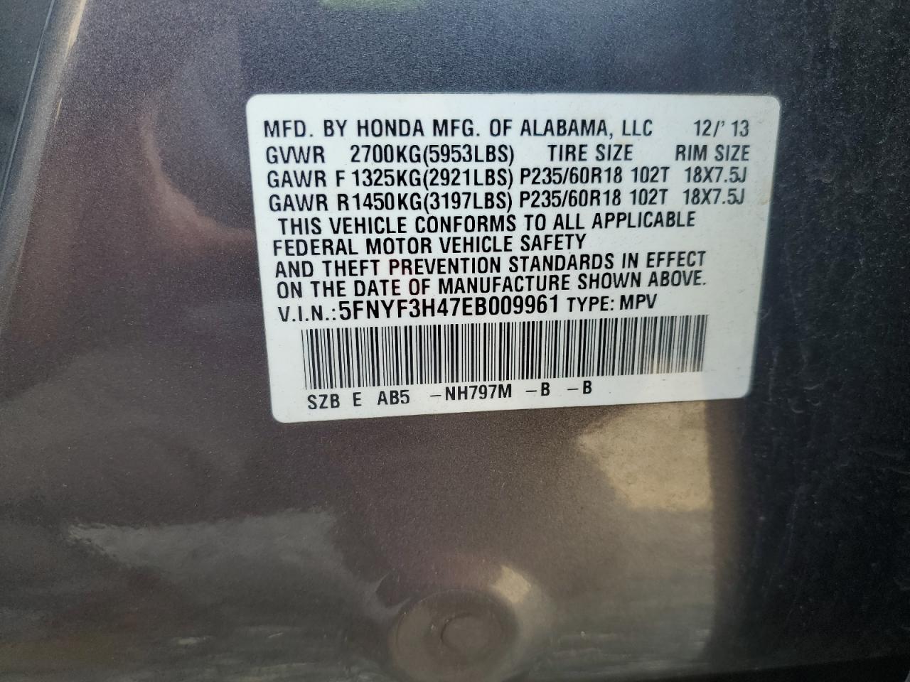 2014 Honda Pilot Ex VIN: 5FNYF3H47EB009961 Lot: 63331074