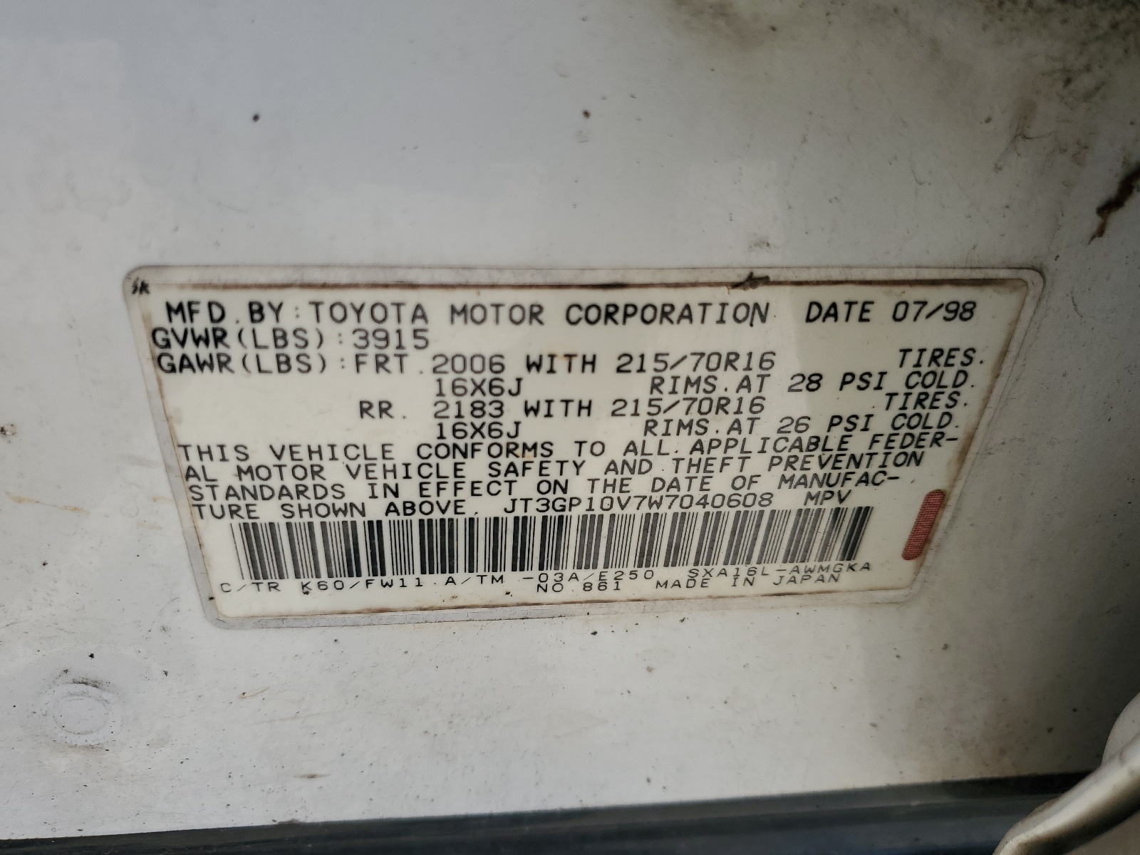 JT3GP10V7W7040608 1998 Toyota Rav4