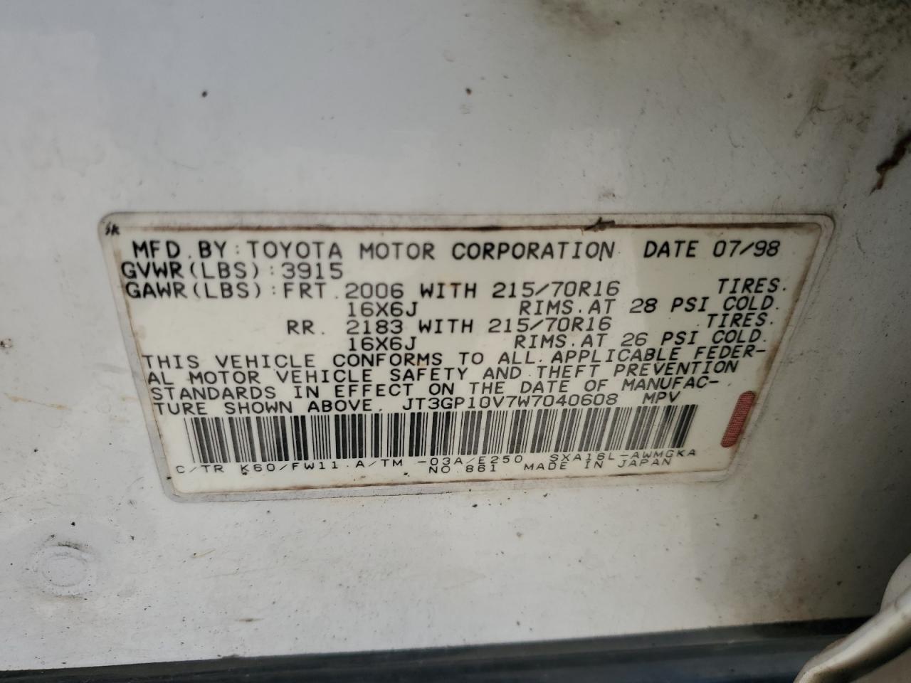 1998 Toyota Rav4 VIN: JT3GP10V7W7040608 Lot: 64382434