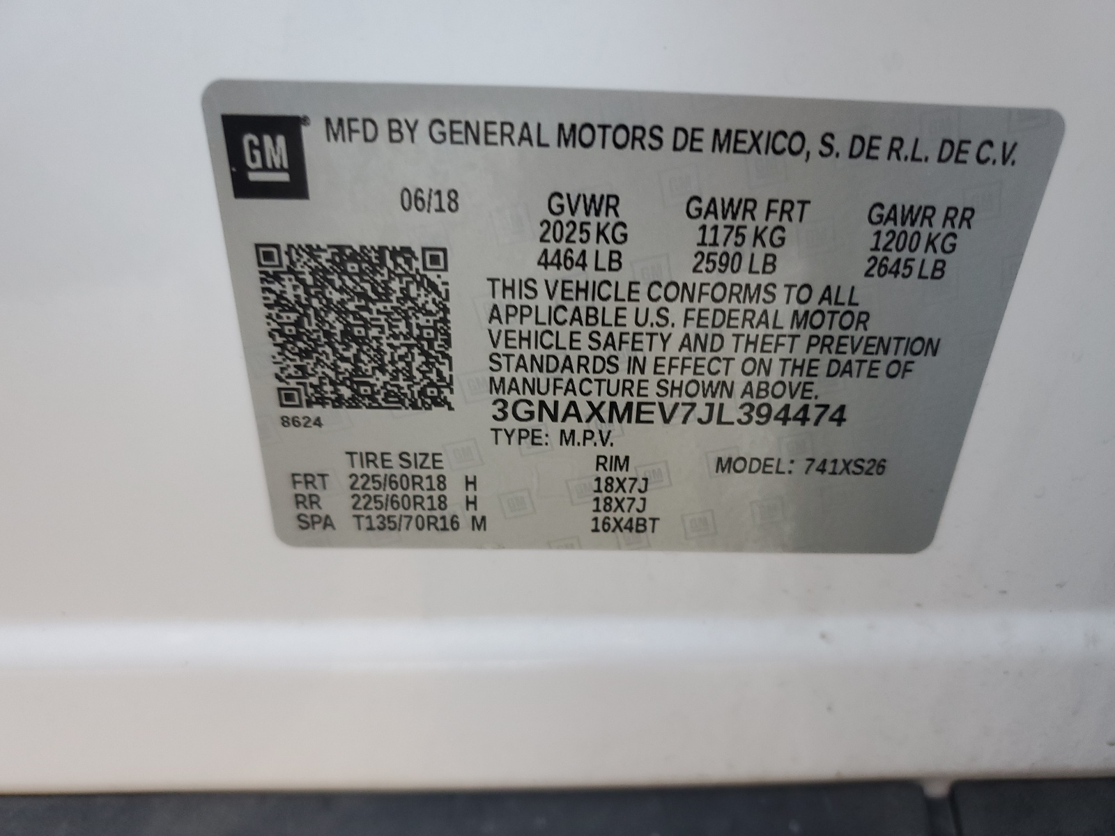 3GNAXMEV7JL394474 2018 Chevrolet Equinox Premier