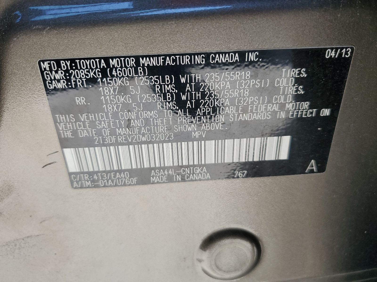 2T3DFREV2DW032023 2013 Toyota Rav4 Limited