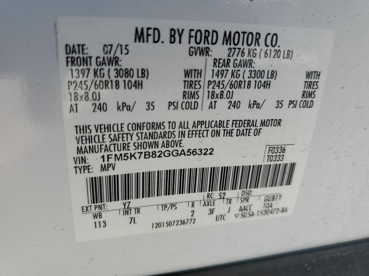 2016 Ford Explorer VIN: 1FM5K7B82GGA56322 Lot: 62513104